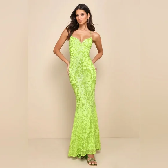 Lulus Limitless Glamour Lime Green Sequin Lace-Up Maxi Dress S Wedding Prom - Picture 2 of 12